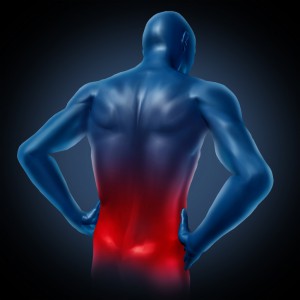 Lower back pain represented by a human body with dorsalgia disease highlighted in red showing chronic spinal medical symptoms that relate to weakness numbness and tingling.